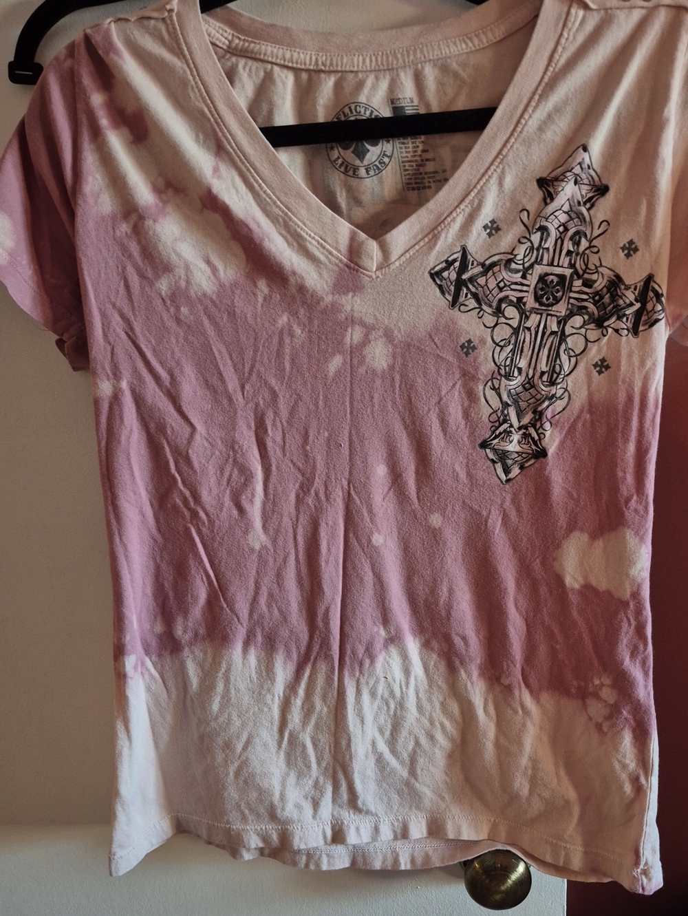 Affliction Pink & White Tie-Dye V-Neck Tee with Decorative Cross